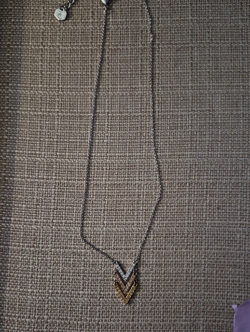 Touchstone Crystal Tri-Tone V Chevron Pendant Necklace in Silver, Gold, Gunmetal